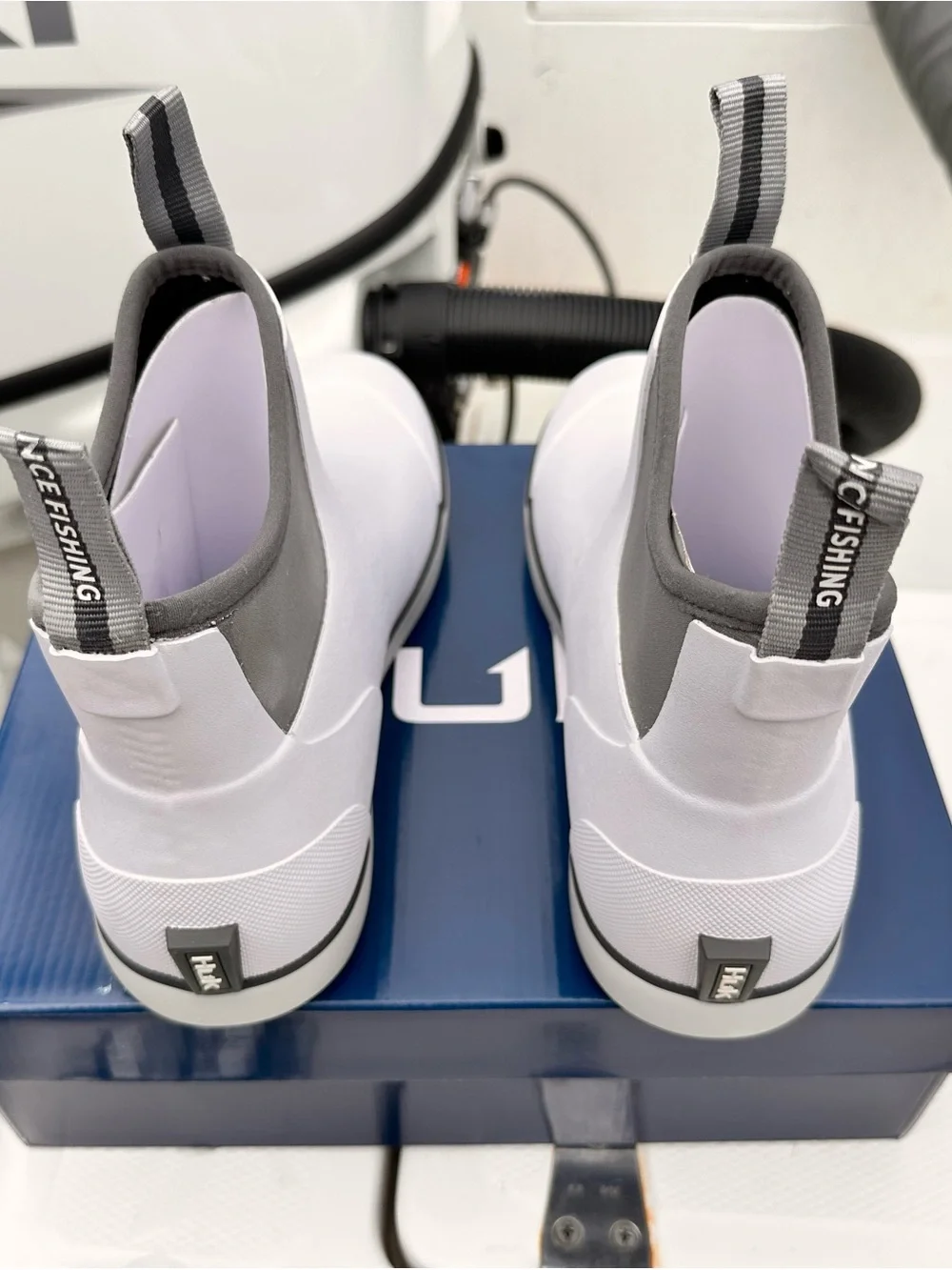 Huk White and Gray Slip-On Deck Boots